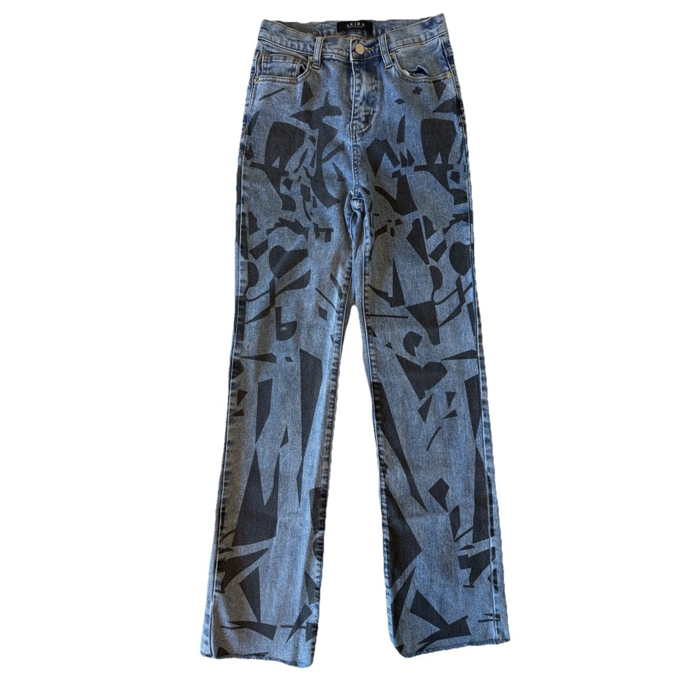 AKIRA Womens Size 5 W24 Graphic Print Straight Leg Jeans Y2K Abstract Raw Hem